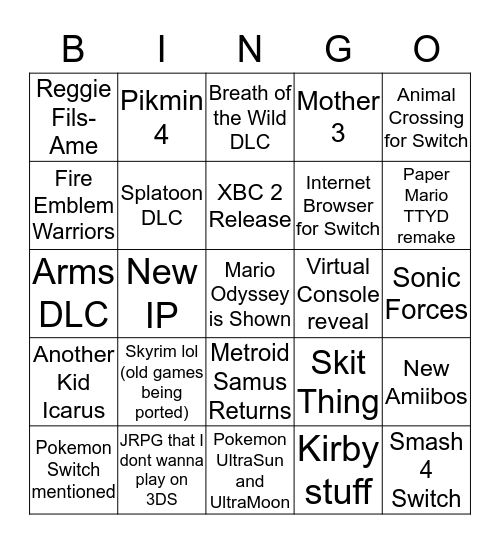 Nintendo Direct 9/13 Bingo Card