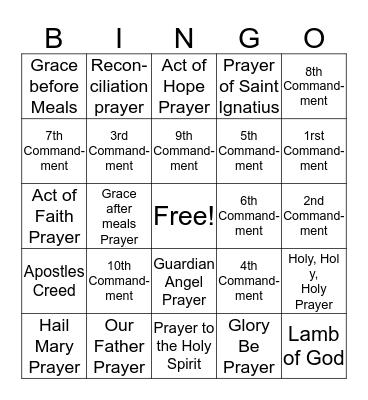 Prayer & Commandment Bingo Card