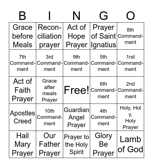 Prayer & Commandment Bingo Card