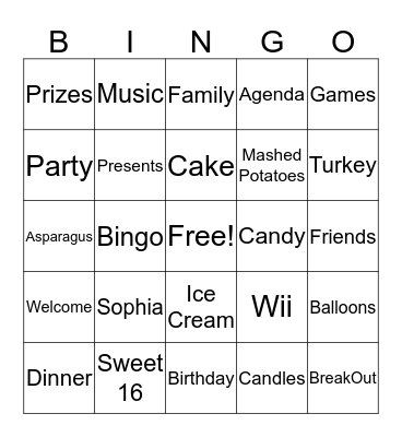 Sophia's Birthday Bingo Card