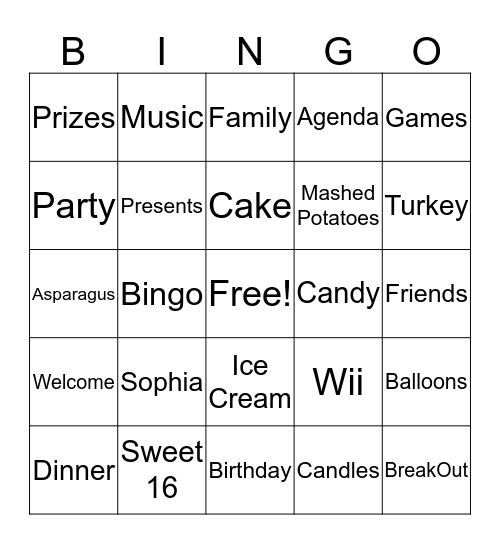 Sophia's Birthday Bingo Card