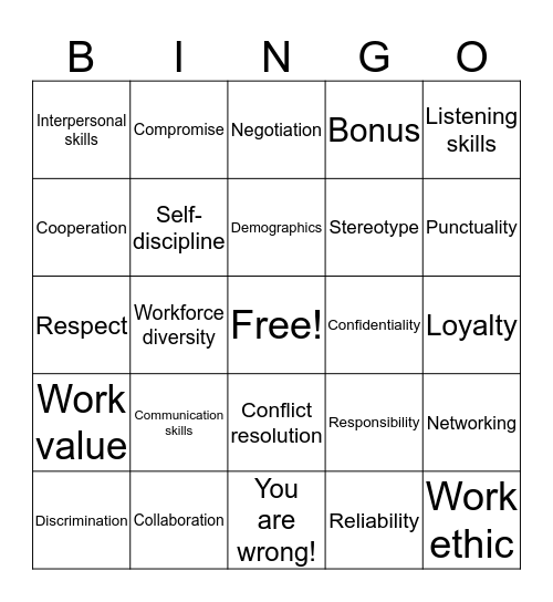 Workplace Readiness Vocabulary Bingo Card