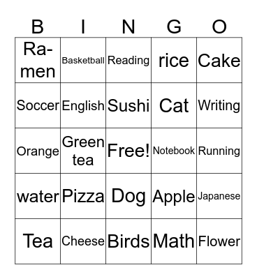 Suki na mono wa? What do you like? Bingo Card