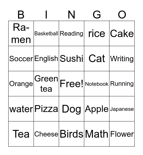 Suki na mono wa? What do you like? Bingo Card