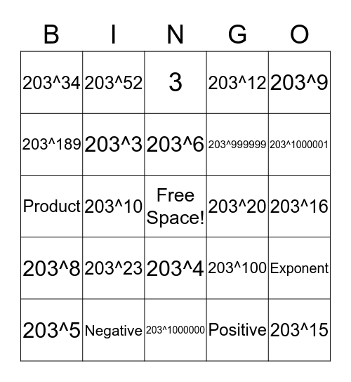 Exponential Expressions Bingo Card