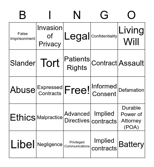 Chapter 5- Legal/Ethics Bingo Card