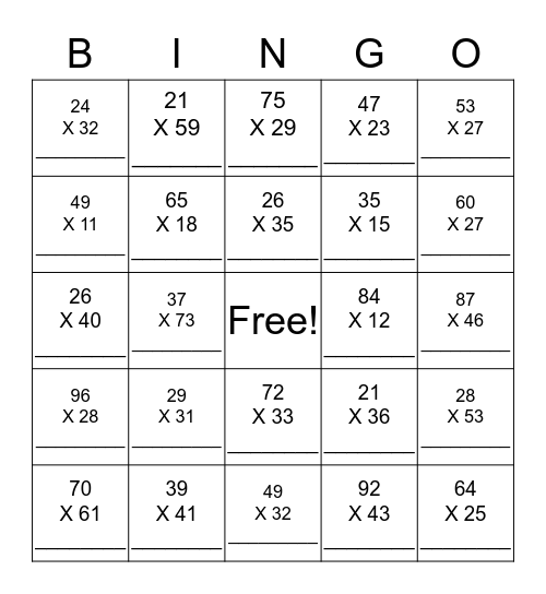 Multiplication with Two-Digit Factors Bingo Card