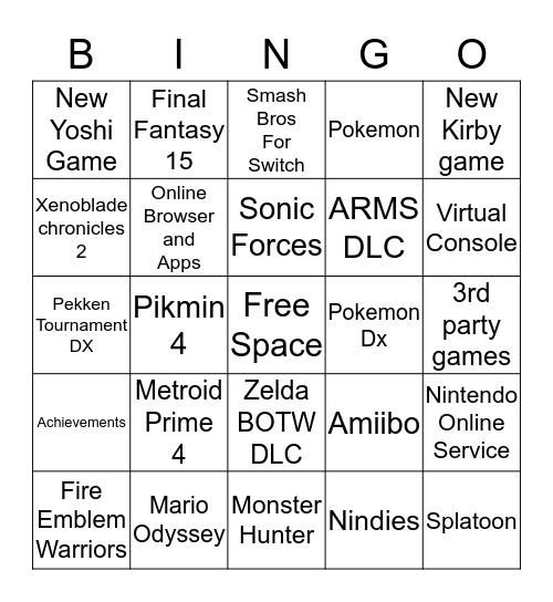 Nintendo Direct 9.13.17 Bingo Card