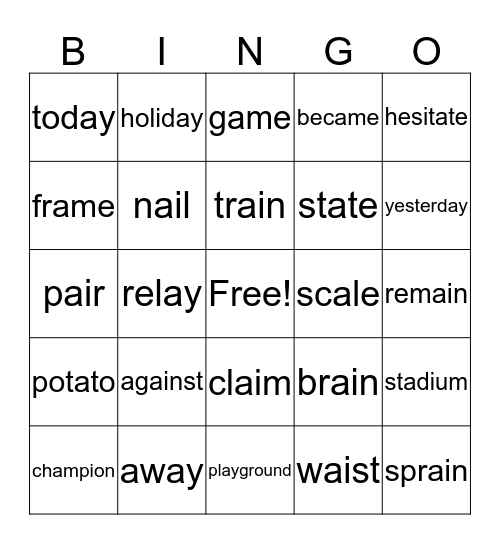 Class 4 - Spelling Words: Long A Bingo Card