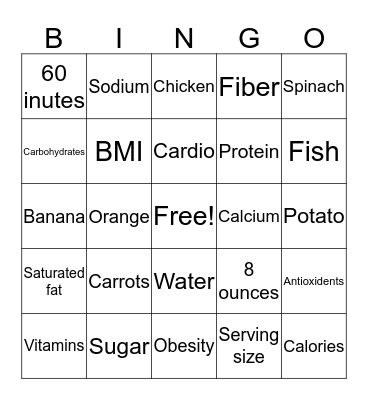 Nutrition Bingo Card