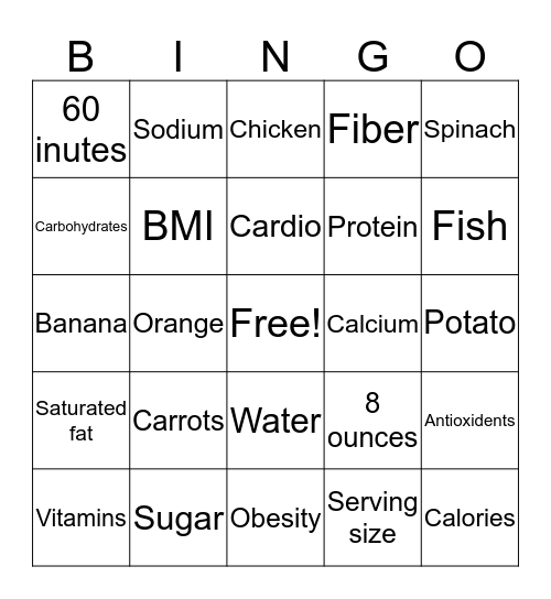 Nutrition Bingo Card