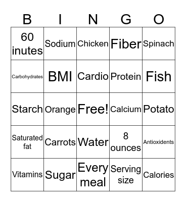 Nutrition Bingo Card