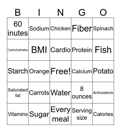 Nutrition Bingo Card