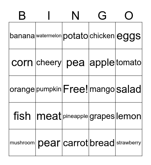 Food Bingo Card