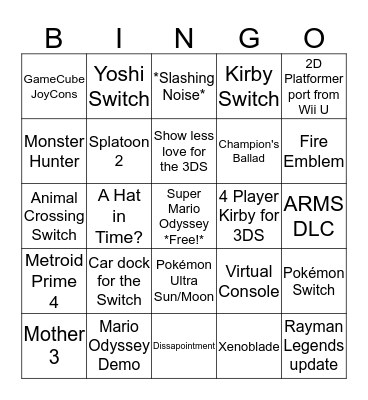 Nintendo Direct Bingo Card