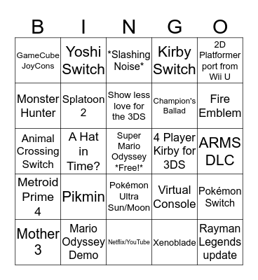 Nintendo Direct Bingo Card