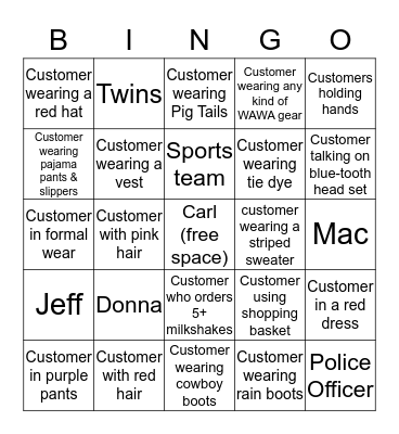 WAWA Customer Bingo Card