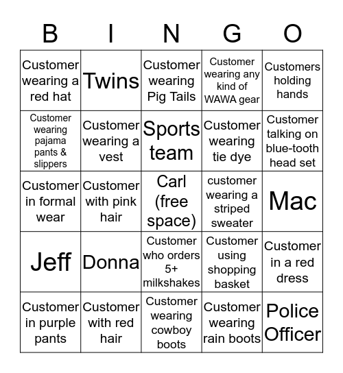 WAWA Customer Bingo Card