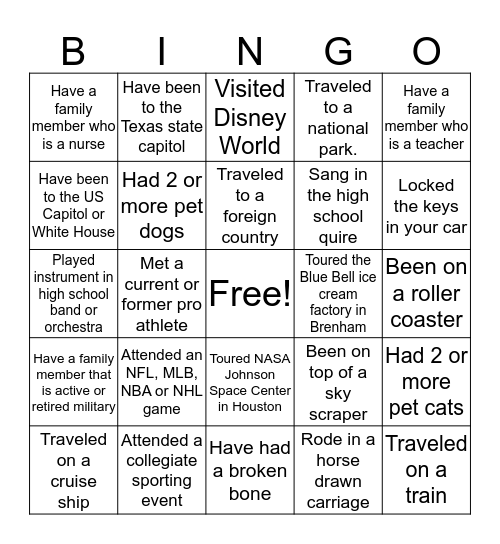 Find someone who can sign off on each item.  When you have BINGO, shout it out. Bingo Card