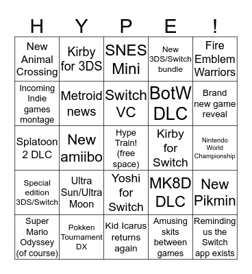 Nintendo Direct Bingo Card