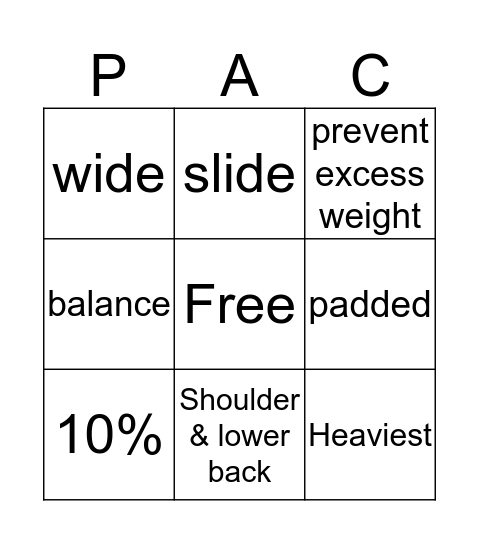 Backpack Awareness Bingo Card