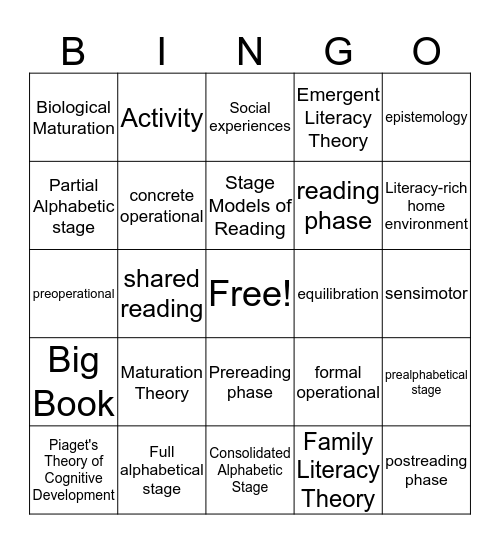 Developmental Bingo Card