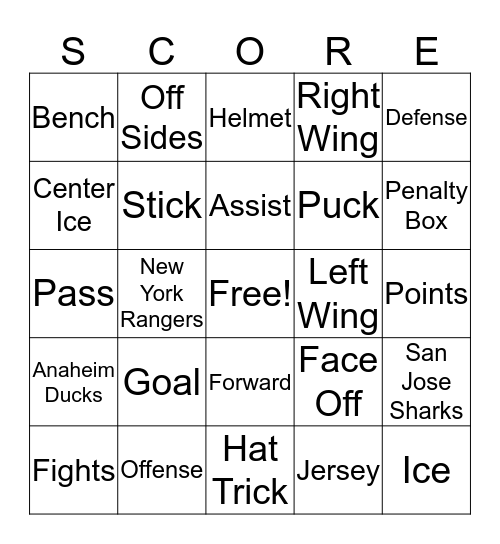 NHL Bingo Card