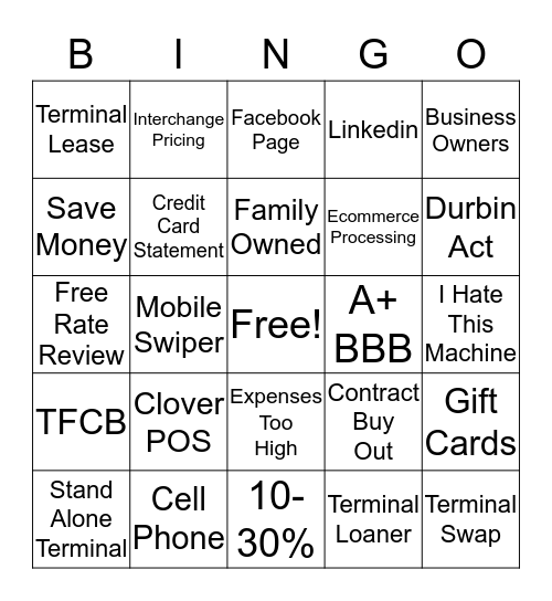 Credit Card Bingo Card