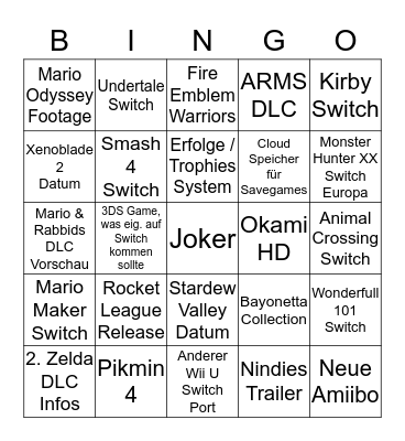 Nintento Direct September 2017 Bingo Card