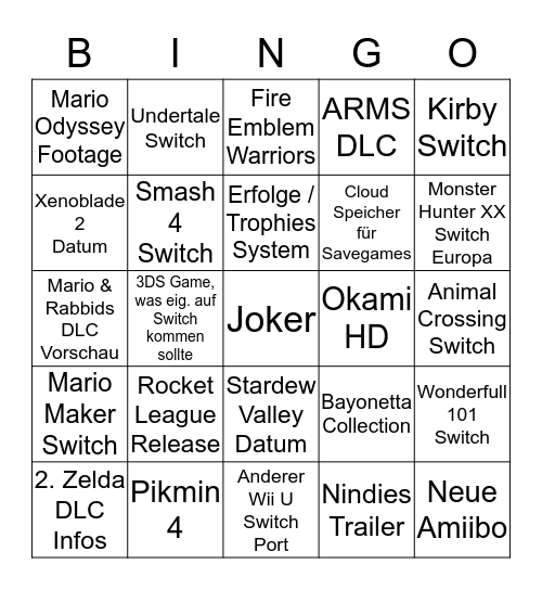 Nintento Direct September 2017 Bingo Card