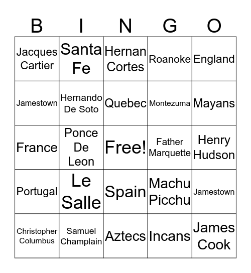 Exploring the New World Bingo Card