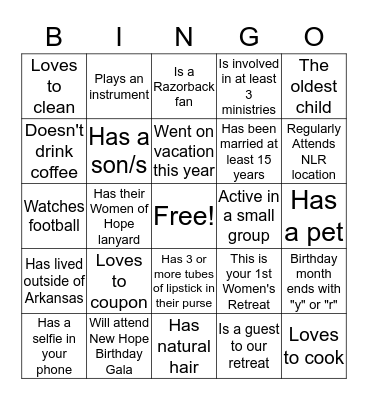 Women of New Hope Retreat 2017 Bingo Card