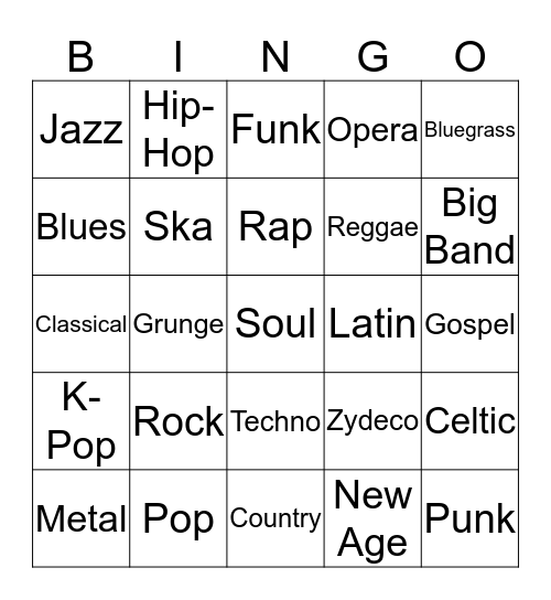 Music Genre Bingo Card