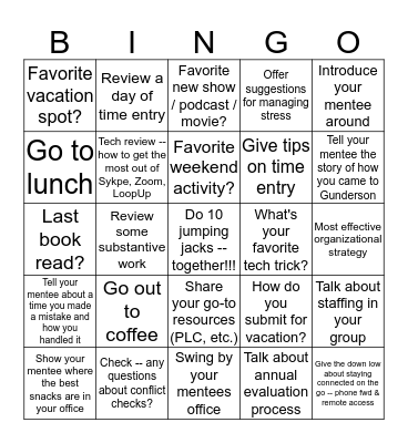 Mentor Bingo Card
