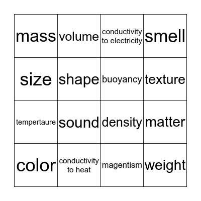 Properties of Matter Bingo Card