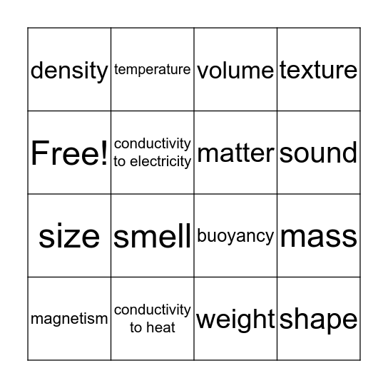 Properties of Matter Bingo Card