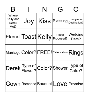 Kelly's Bridal Shower Bingo Card