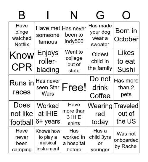 NHIT week Bingo Card