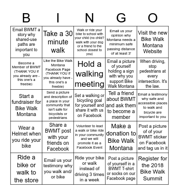 Bike Walk Montana Bingo Card