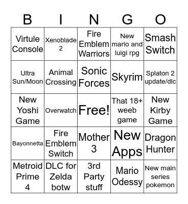 Nintendo Direct Bingo Card