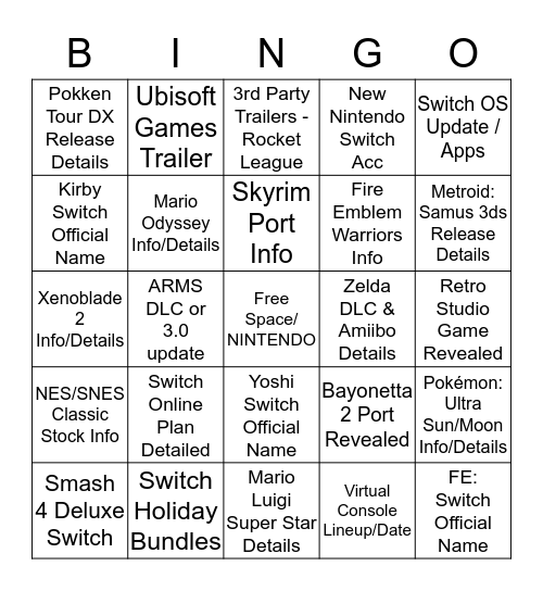Nintendo Direct Fall 17 Bingo  Bingo Card