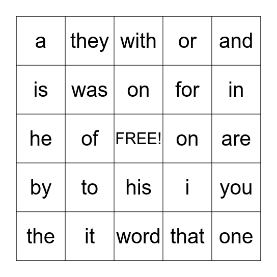 Fry Word Bingo Card