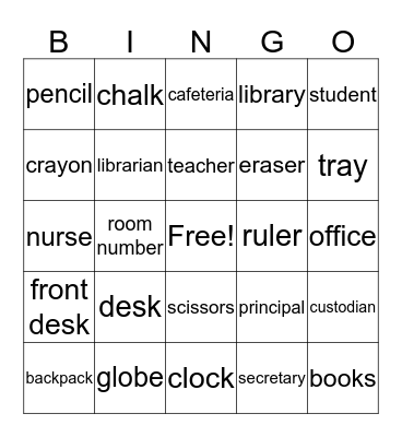 school vocabulary Bingo Card