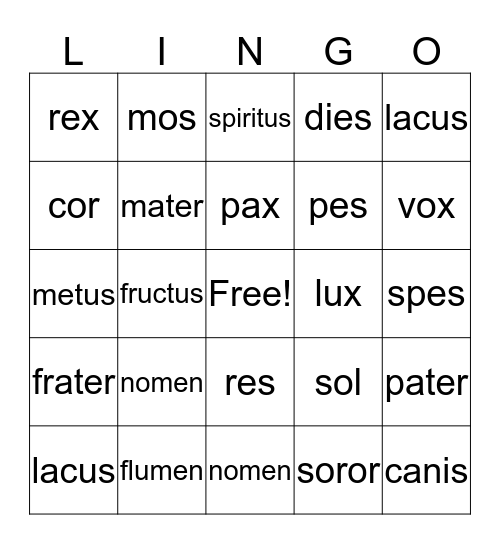 Second Form Lesson 4 Bingo Card