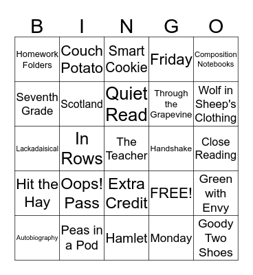 English/Language Arts Class Bingo Card