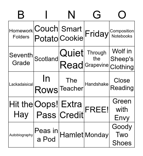 English/Language Arts Class Bingo Card