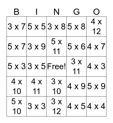 Multiplication Bingo  3, 4, 5 facts Bingo Card