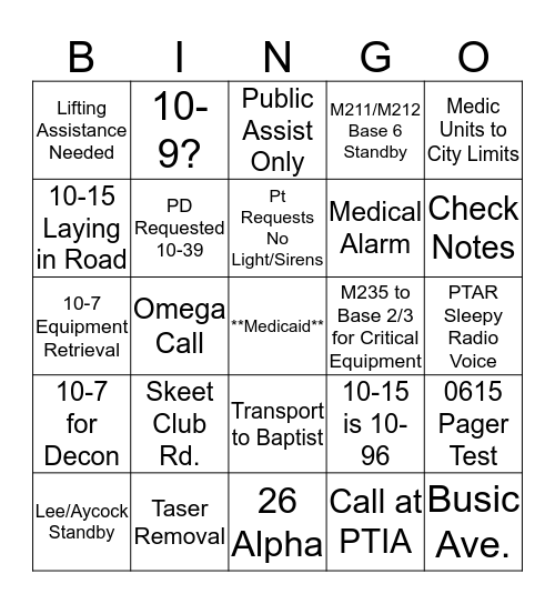GCEMS Nightshift  Bingo Card