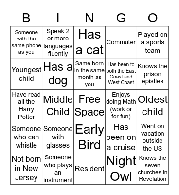 Get To Know You Bingo Card