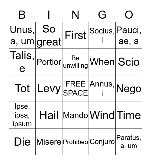 LATIN BINGO Card